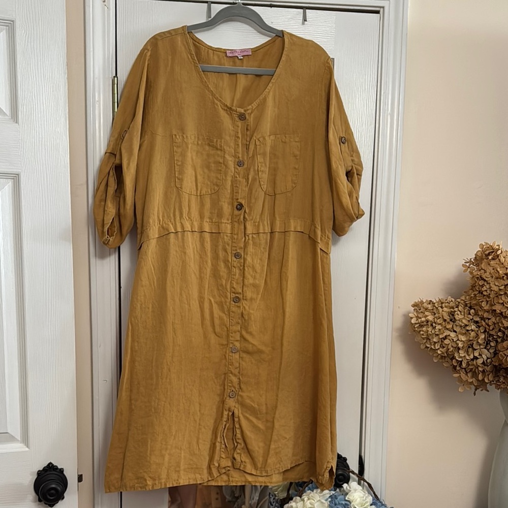 Casual Button-Down Tan Linen Dress